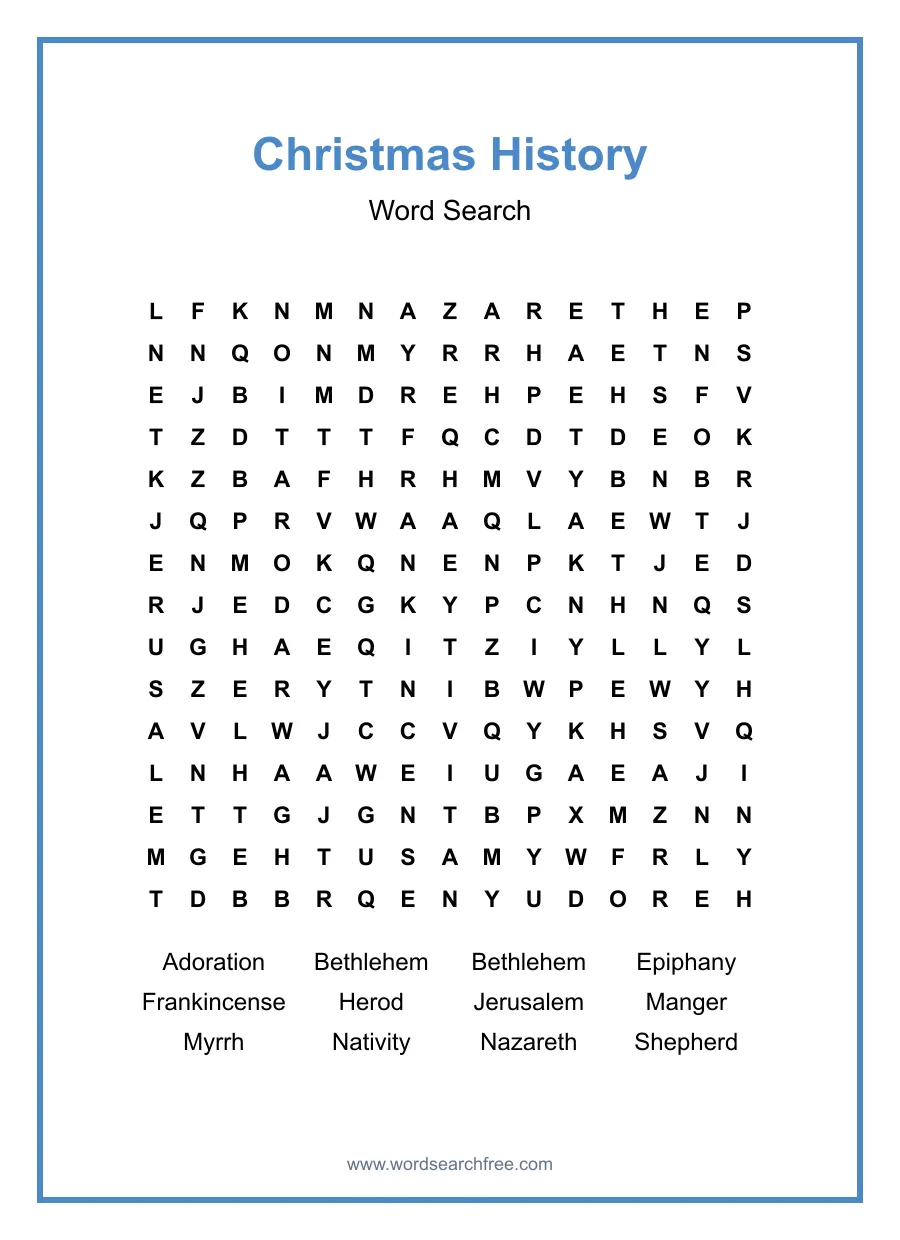Christmas History Word Search - Free printable puzzle with 12 words