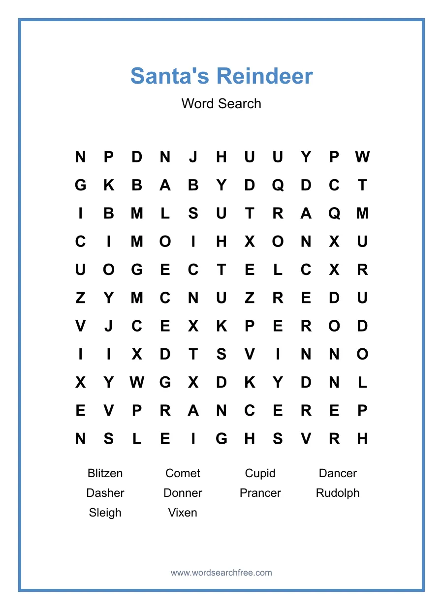 Santa's Reindeer Word Search - Free printable puzzle with 10 words
