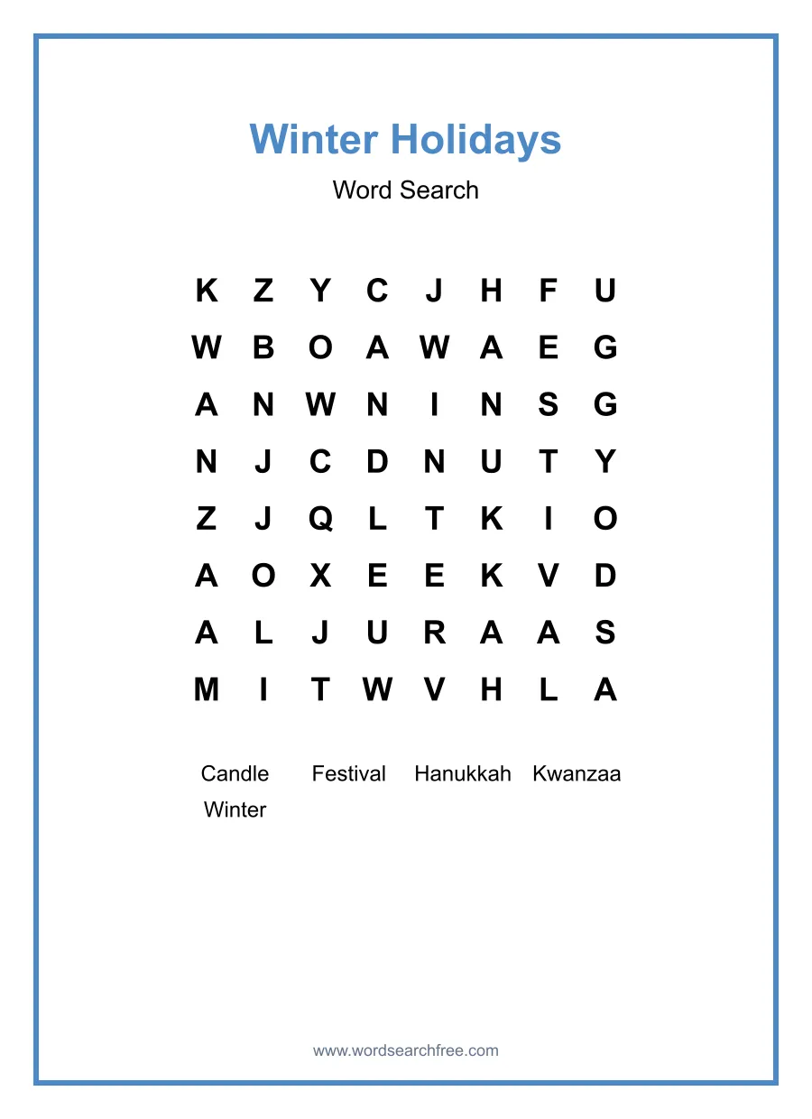 Winter Holidays Word Search - Free printable puzzle with 5 words