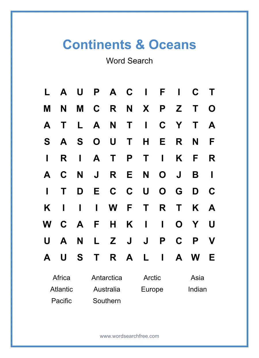Continents & Oceans - Medium Word Search Puzzle