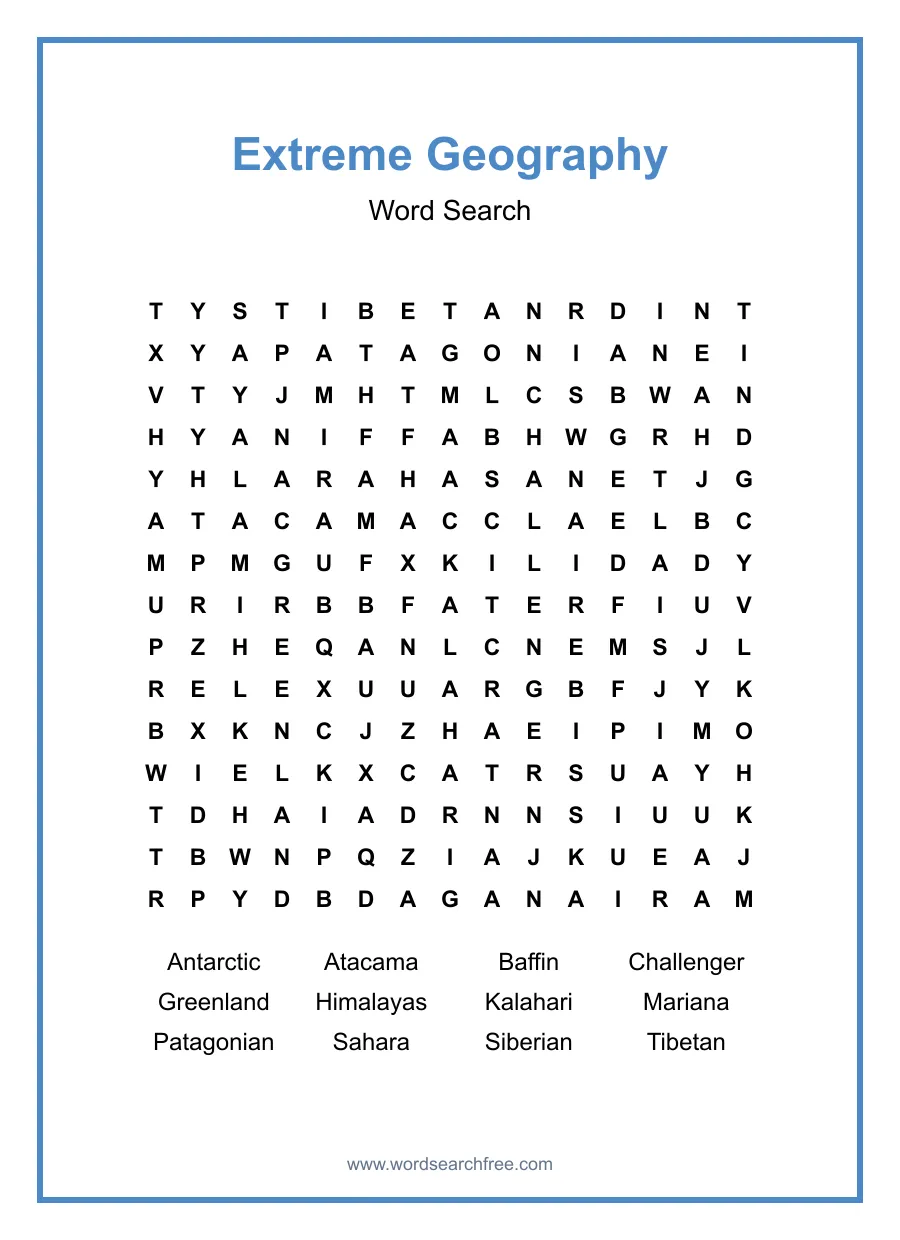Extreme Geography - Hard Word Search Puzzle