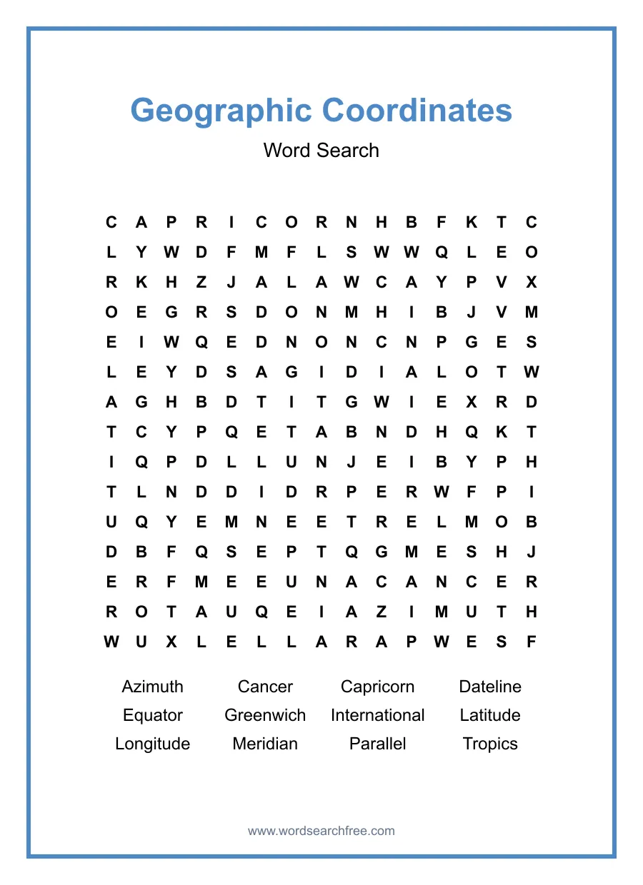 Geographic Coordinates - Hard Word Search Puzzle
