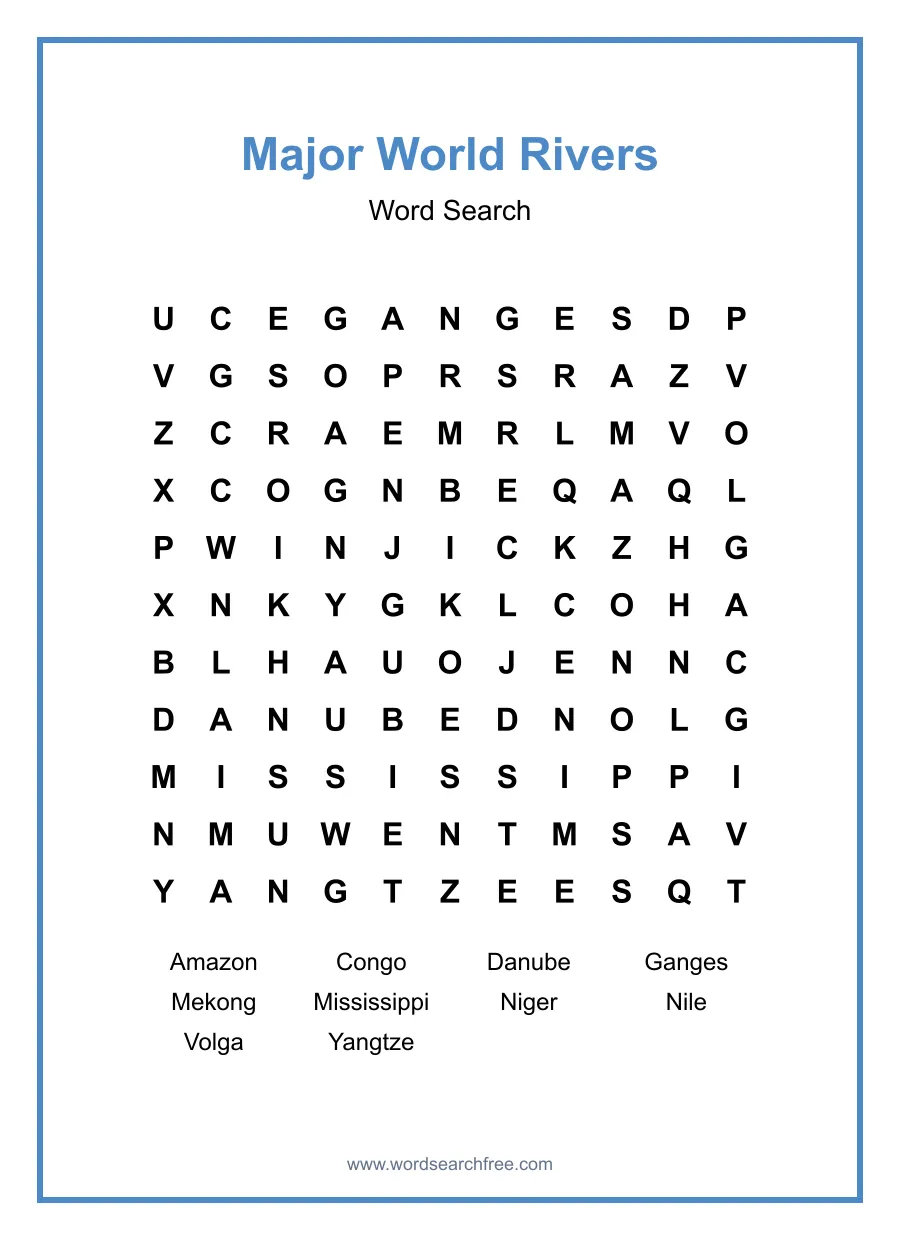 Major World Rivers - Medium Word Search Puzzle
