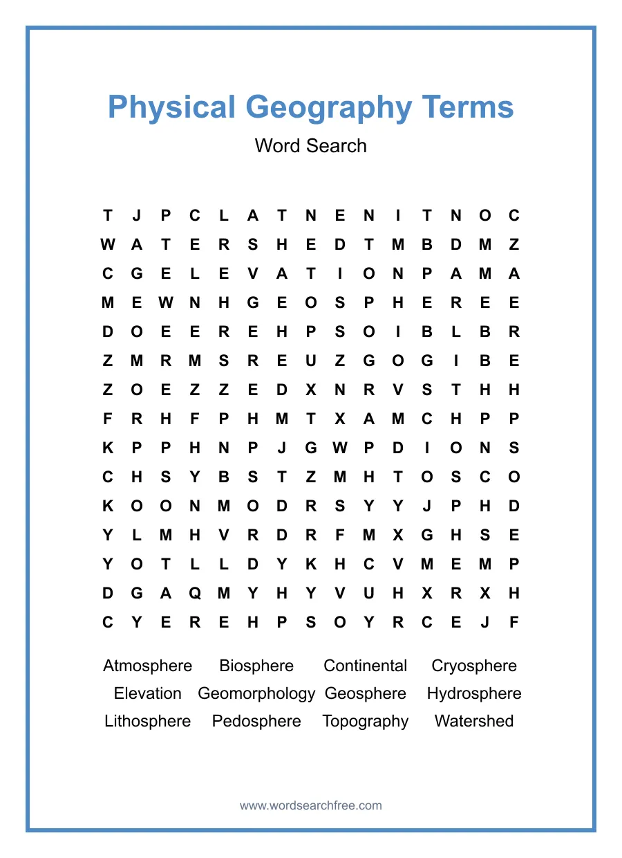 Physical Geography Terms - Hard Word Search Puzzle