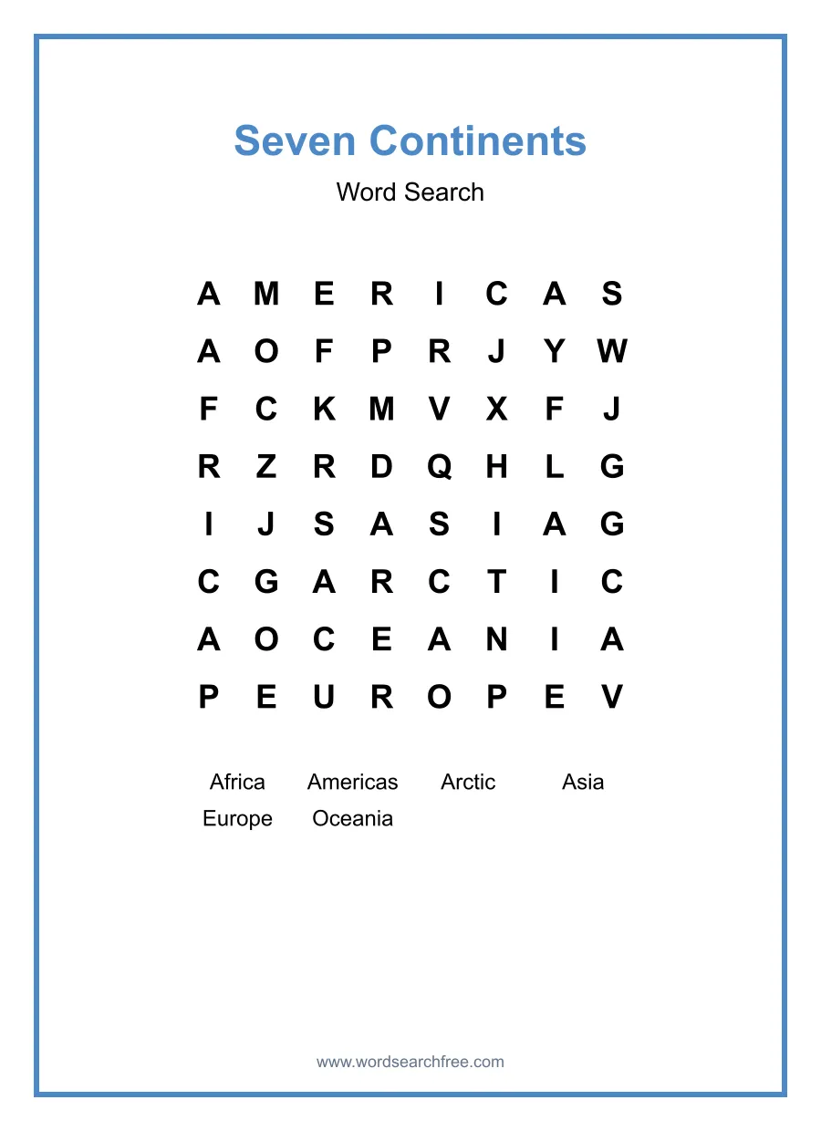Seven Continents - Easy Word Search Puzzle