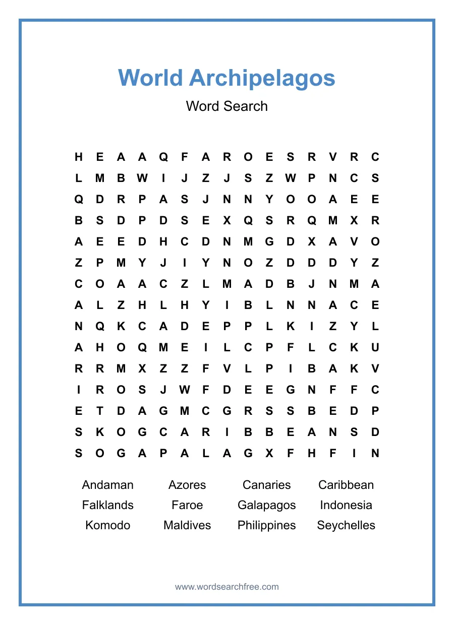 World Archipelagos - Hard Word Search Puzzle