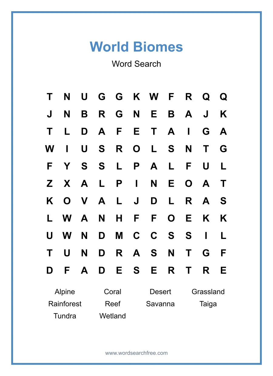 World Biomes - Medium Word Search Puzzle