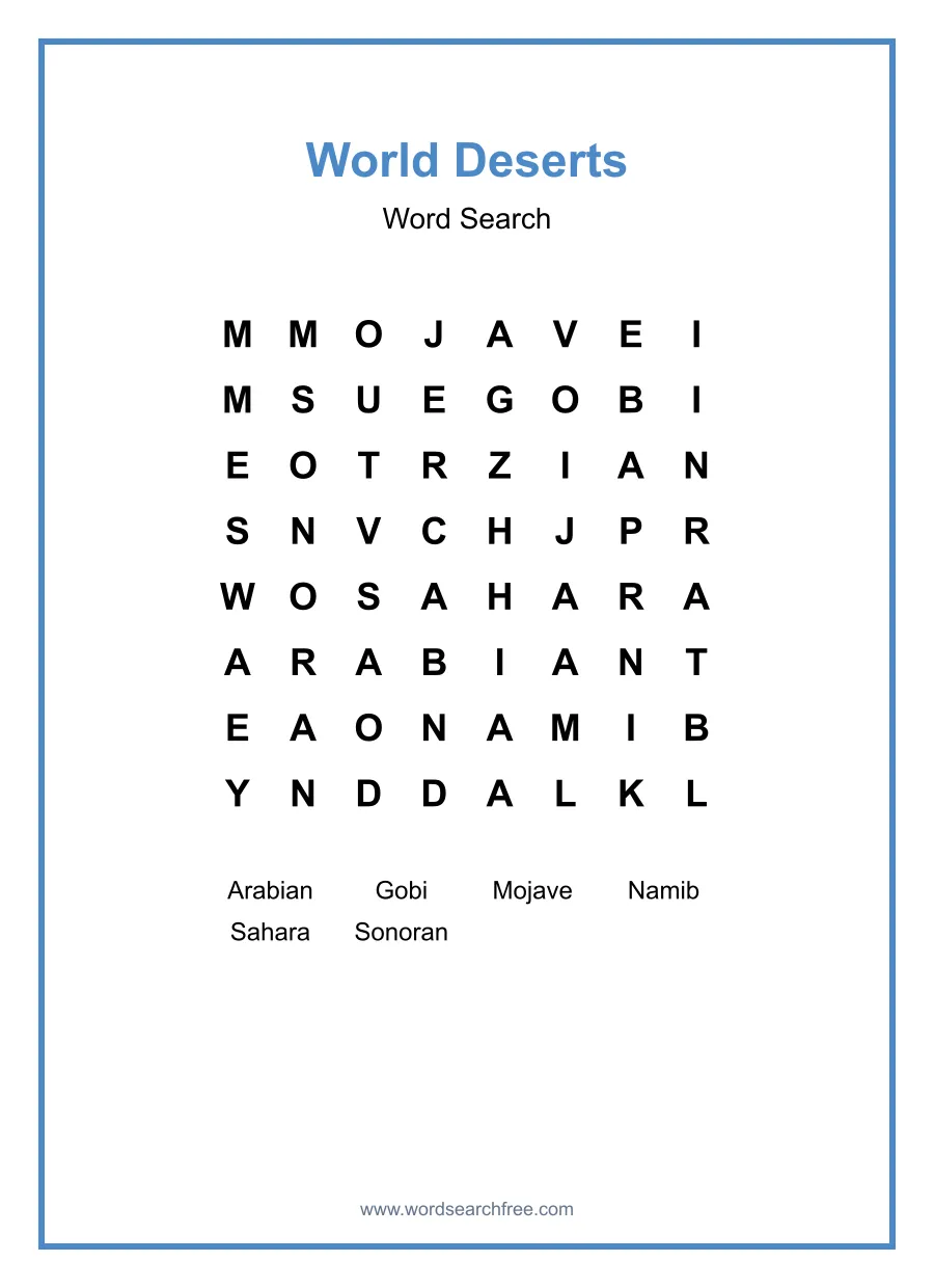 World Deserts - Easy Word Search Puzzle