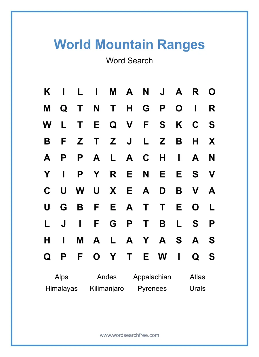 World Mountain Ranges - Medium Word Search Puzzle