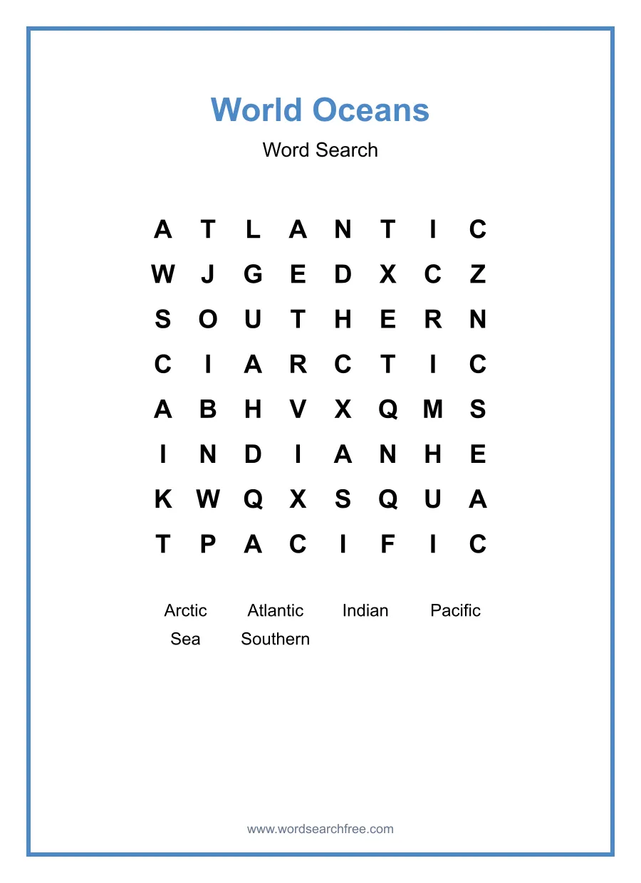 World Oceans - Easy Word Search Puzzle