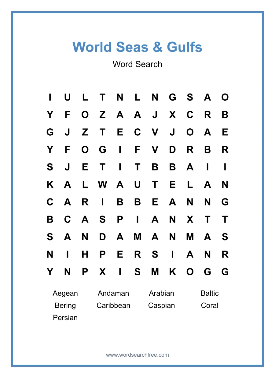 World Seas & Gulfs - Medium Word Search Puzzle