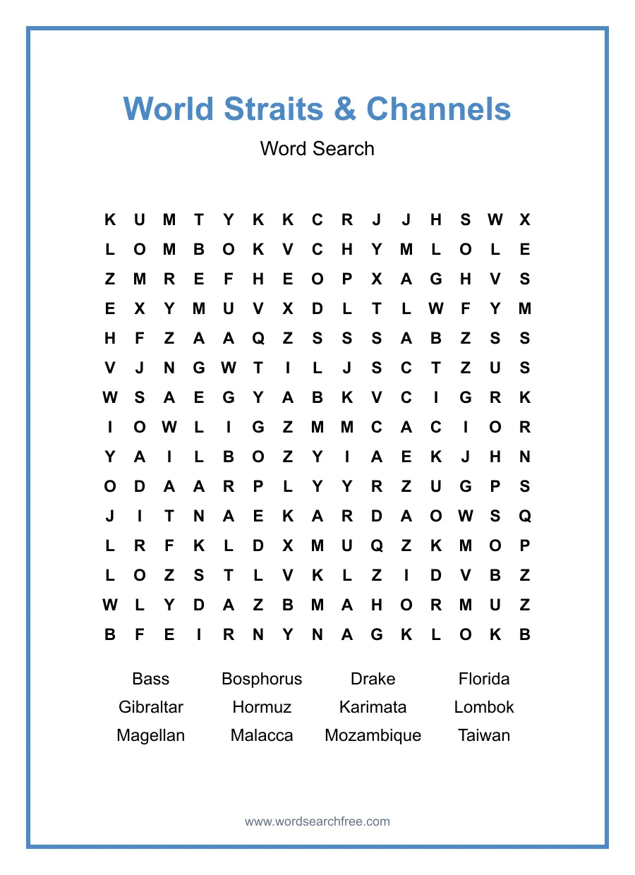 World Straits & Channels - Hard Word Search Puzzle