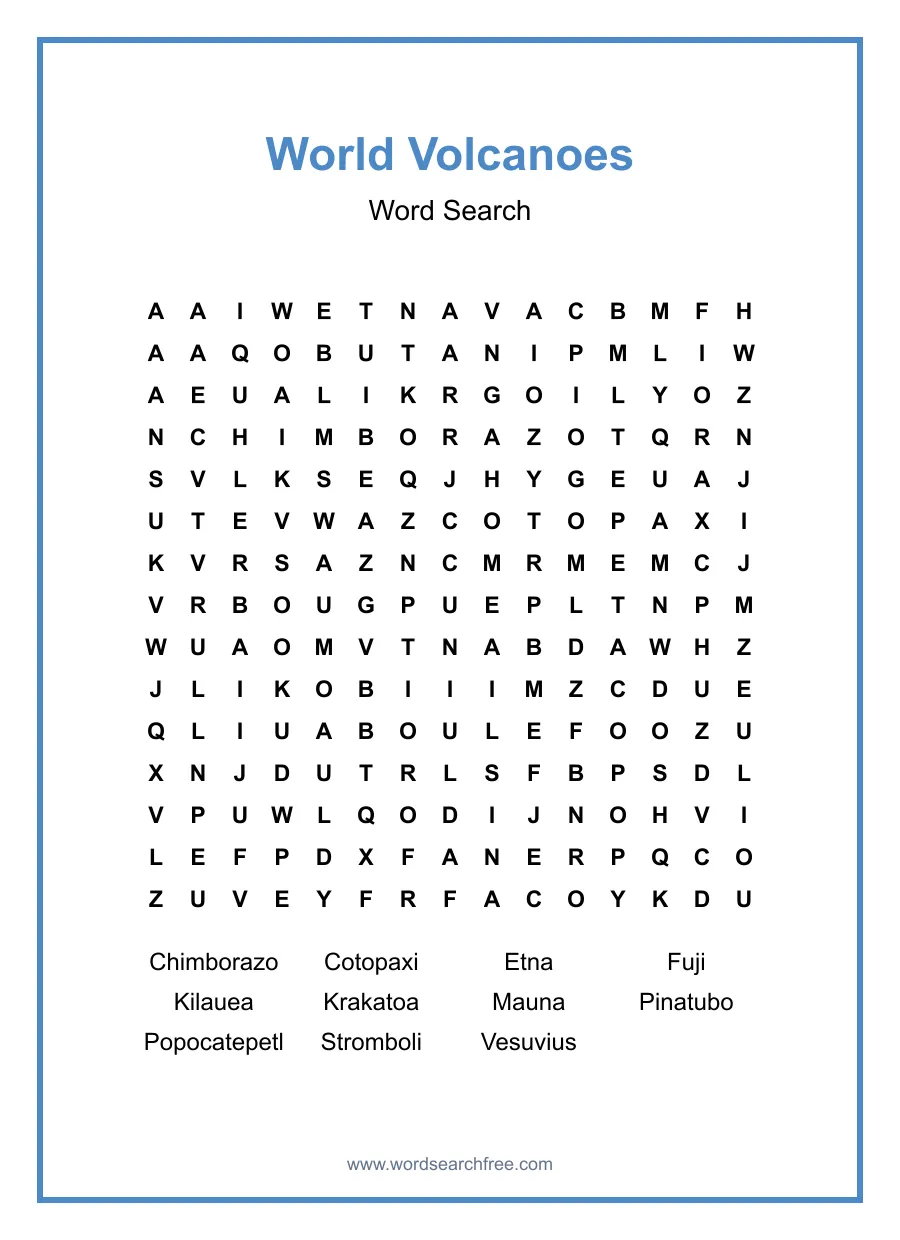 World Volcanoes - Hard Word Search Puzzle