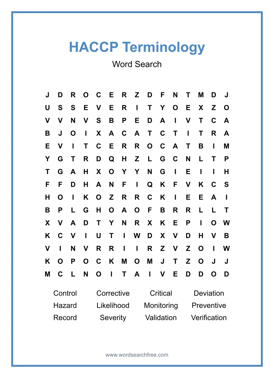 HACCP Terminology Word Search - Free printable puzzle with 12 words