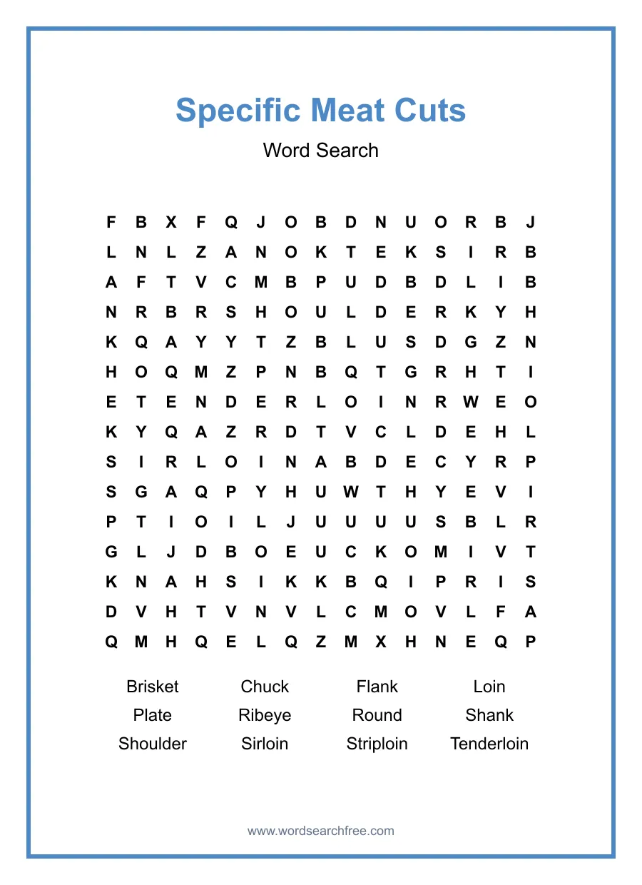 Specific Meat Cuts Word Search - Free printable puzzle with 12 words