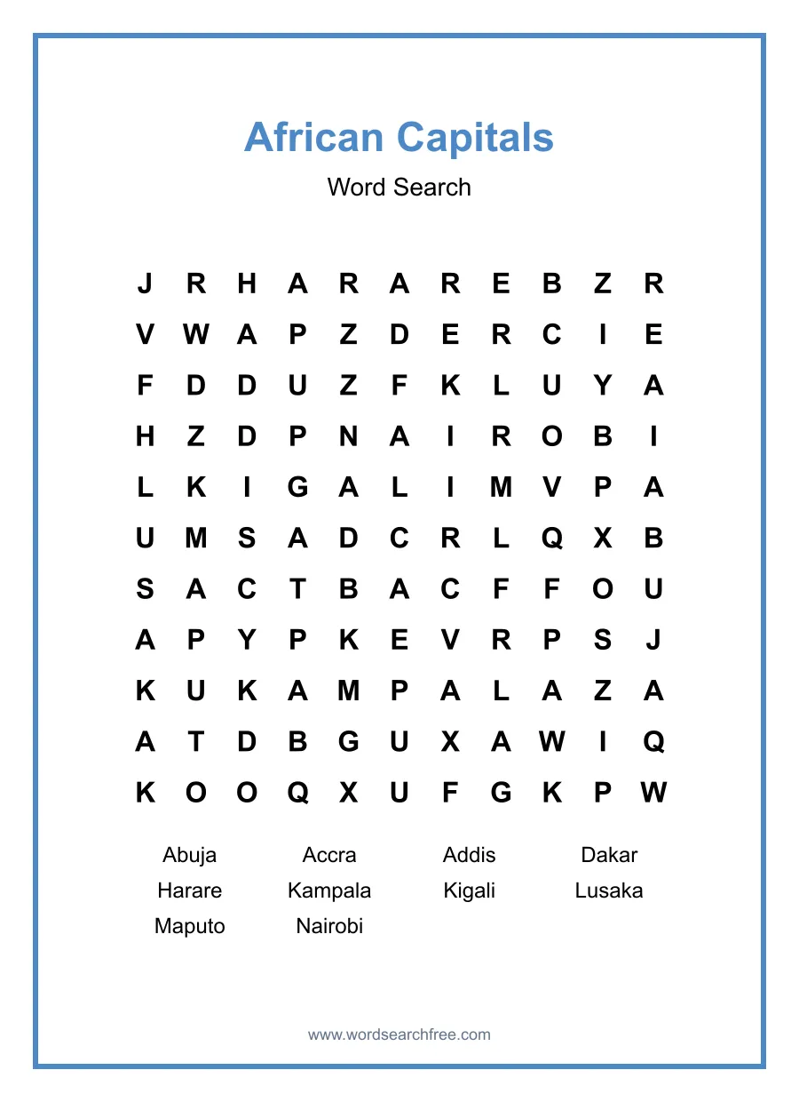 African Capitals Word Search - Free printable puzzle with 10 words