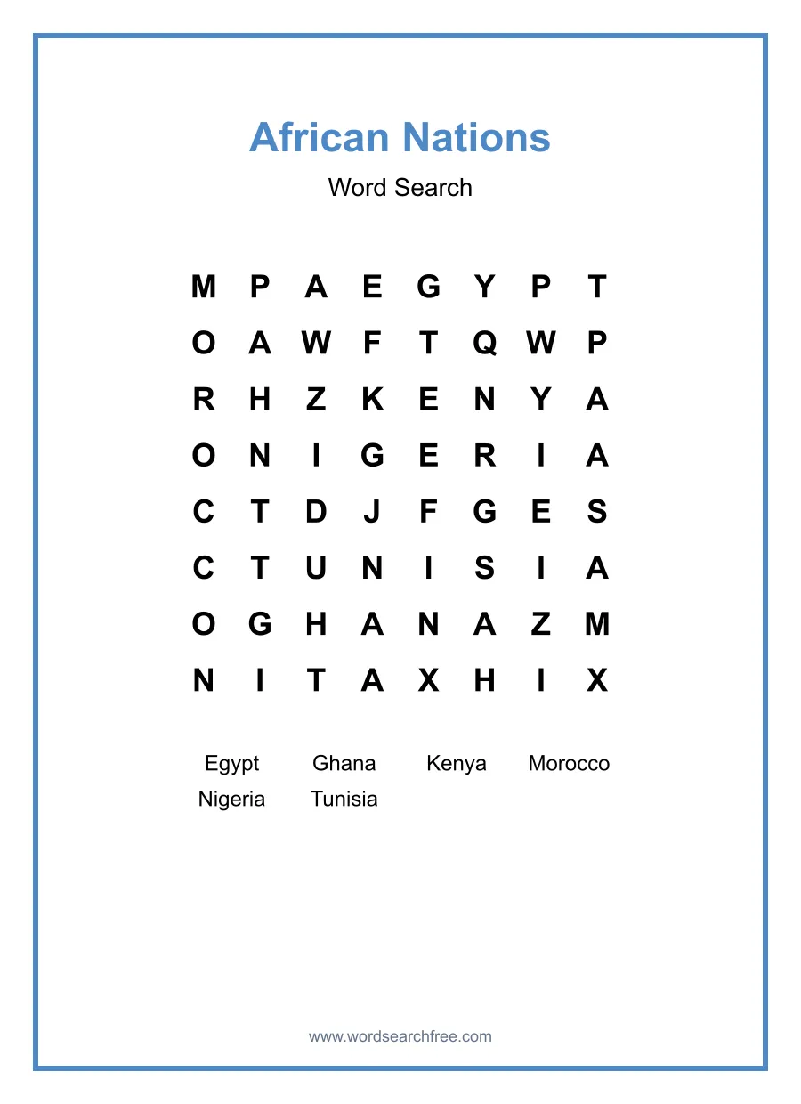 African Nations Word Search - Free printable puzzle with 6 words