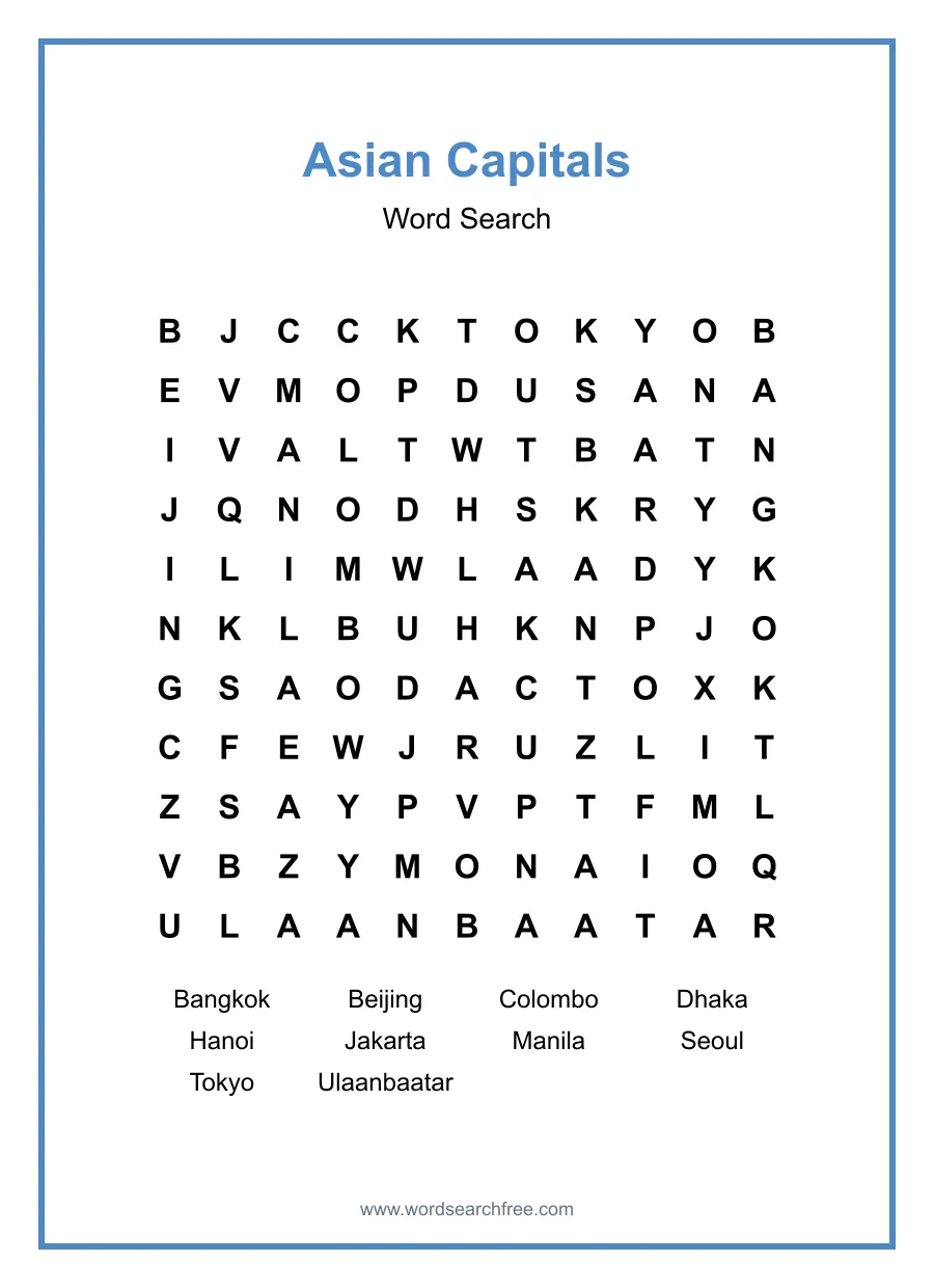 Asian Capitals Word Search - Free printable puzzle with 10 words