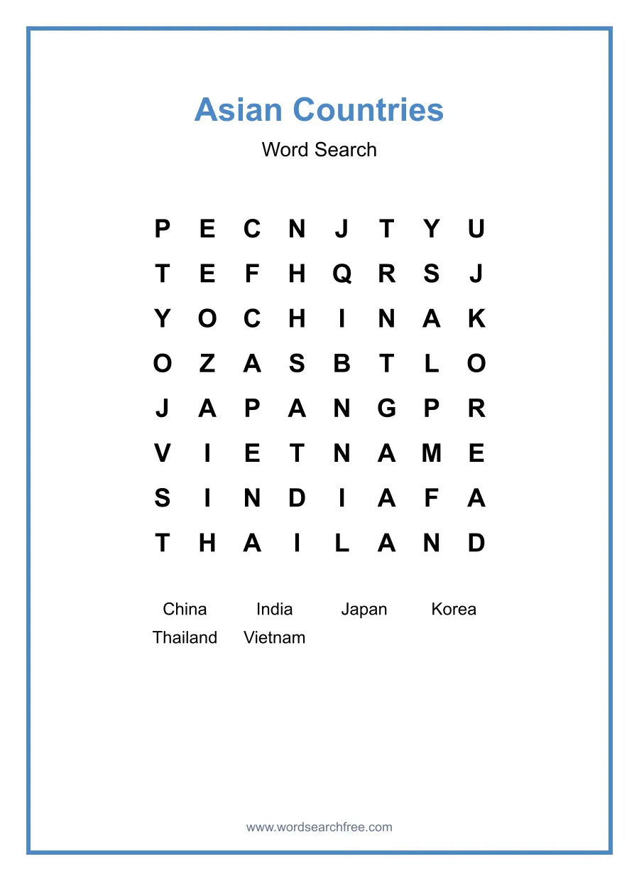 Asian Countries Word Search - Free printable puzzle with 6 words