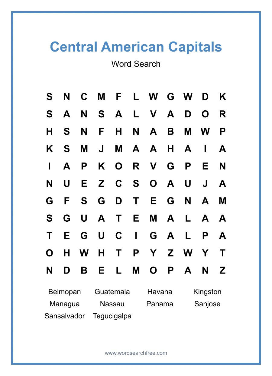 Central American Capitals Word Search - Free printable puzzle with 10 words