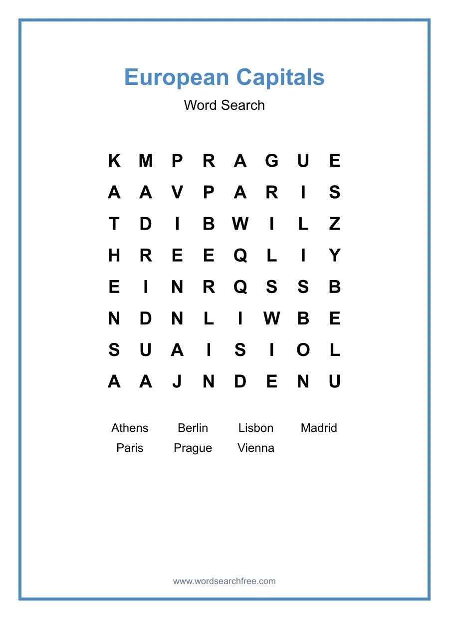 European Capitals Word Search - Free printable puzzle with 7 words