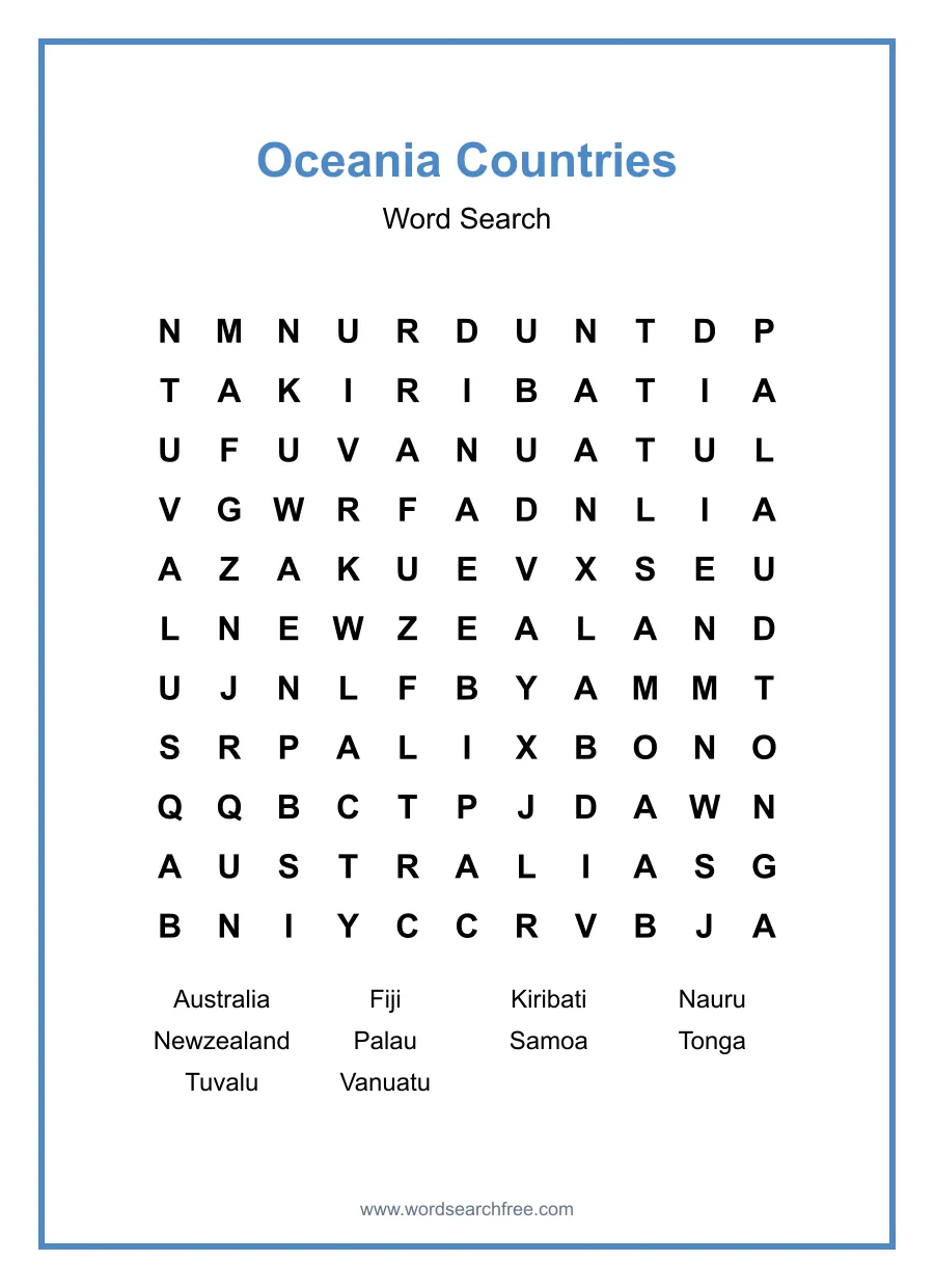 Oceania Countries Word Search - Free printable puzzle with 10 words