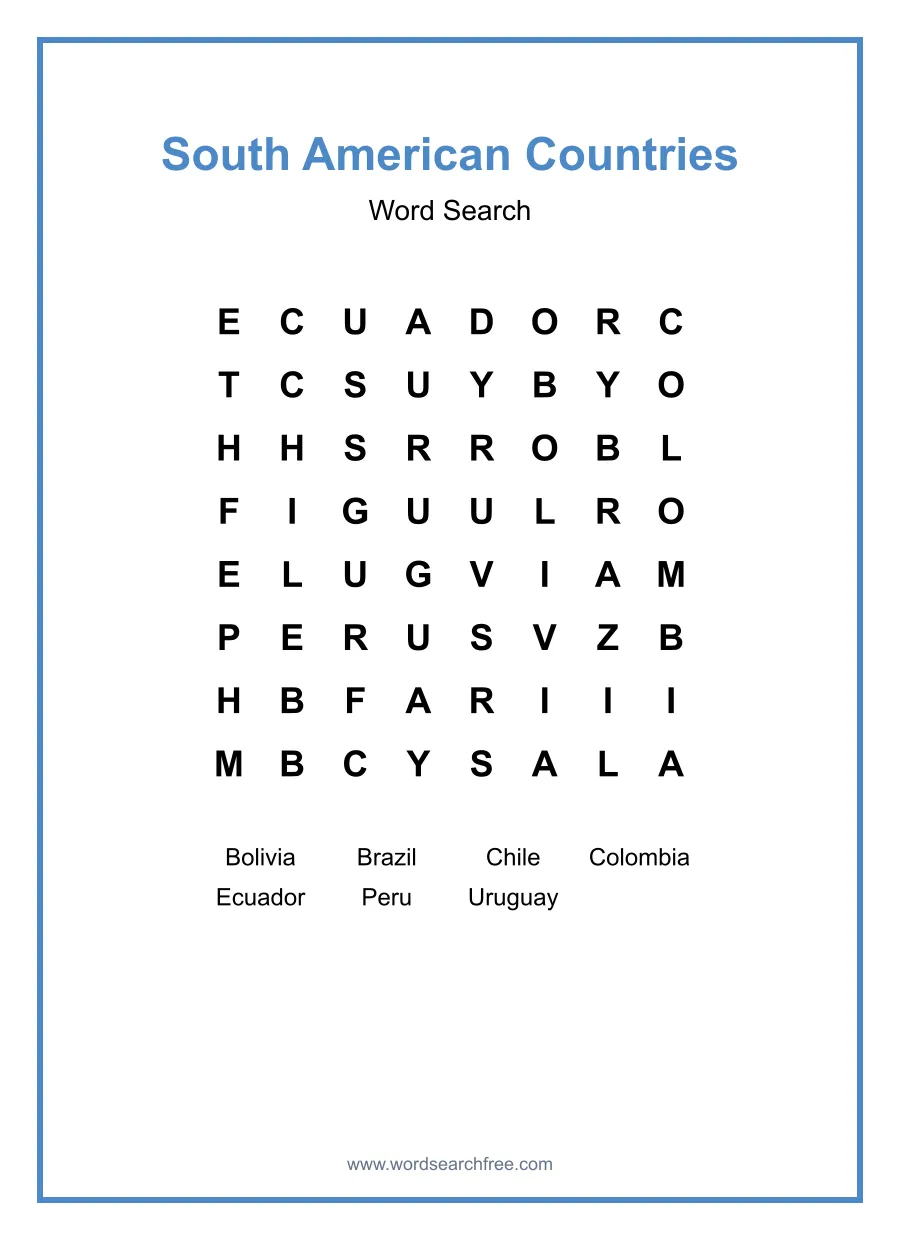 South American Countries Word Search - Free printable puzzle with 7 words