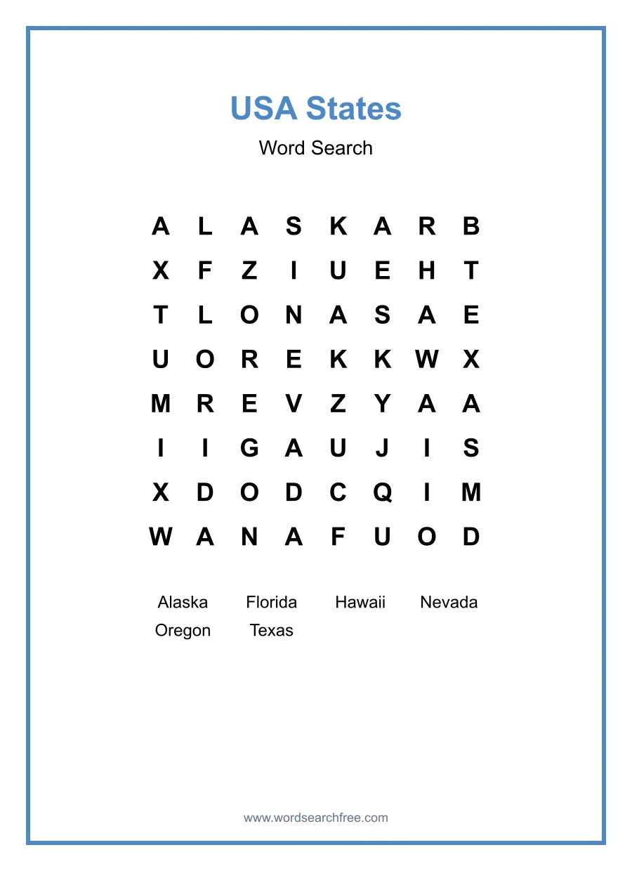 USA States Word Search - Free printable puzzle with 6 words