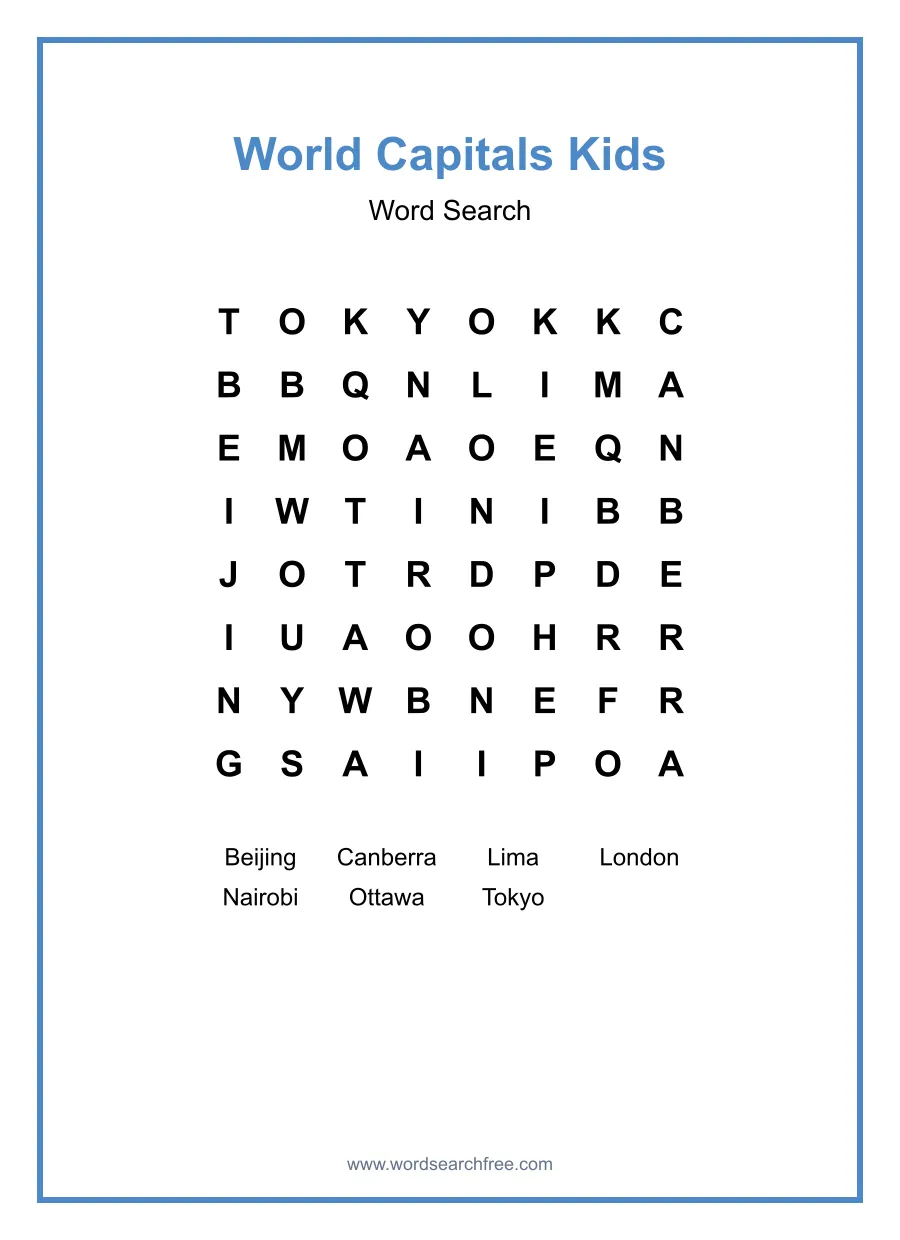 World Capitals Kids Word Search - Free printable puzzle with 7 words