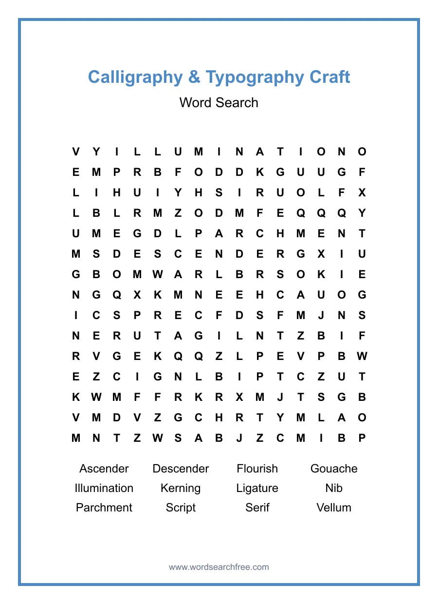 Calligraphy & Typography Craft Word Search - Free printable puzzle with 12 words