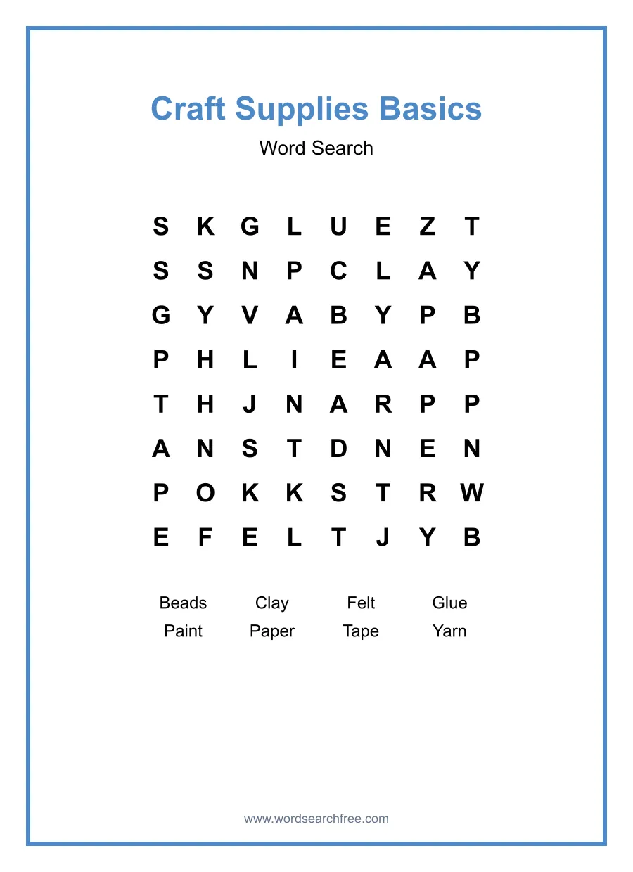 Craft Supplies Basics Word Search - Free printable puzzle with 8 words