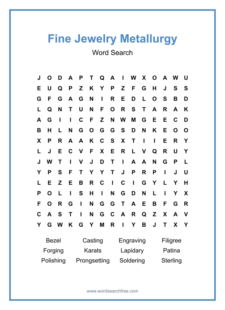 Fine Jewelry Metallurgy Word Search - Free printable puzzle with 12 words