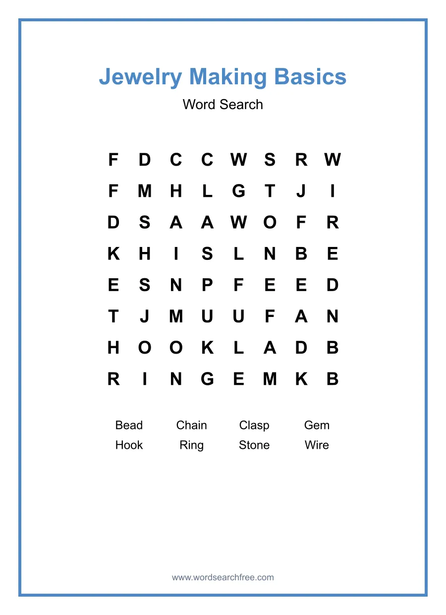 Jewelry Making Basics Word Search - Free printable puzzle with 8 words