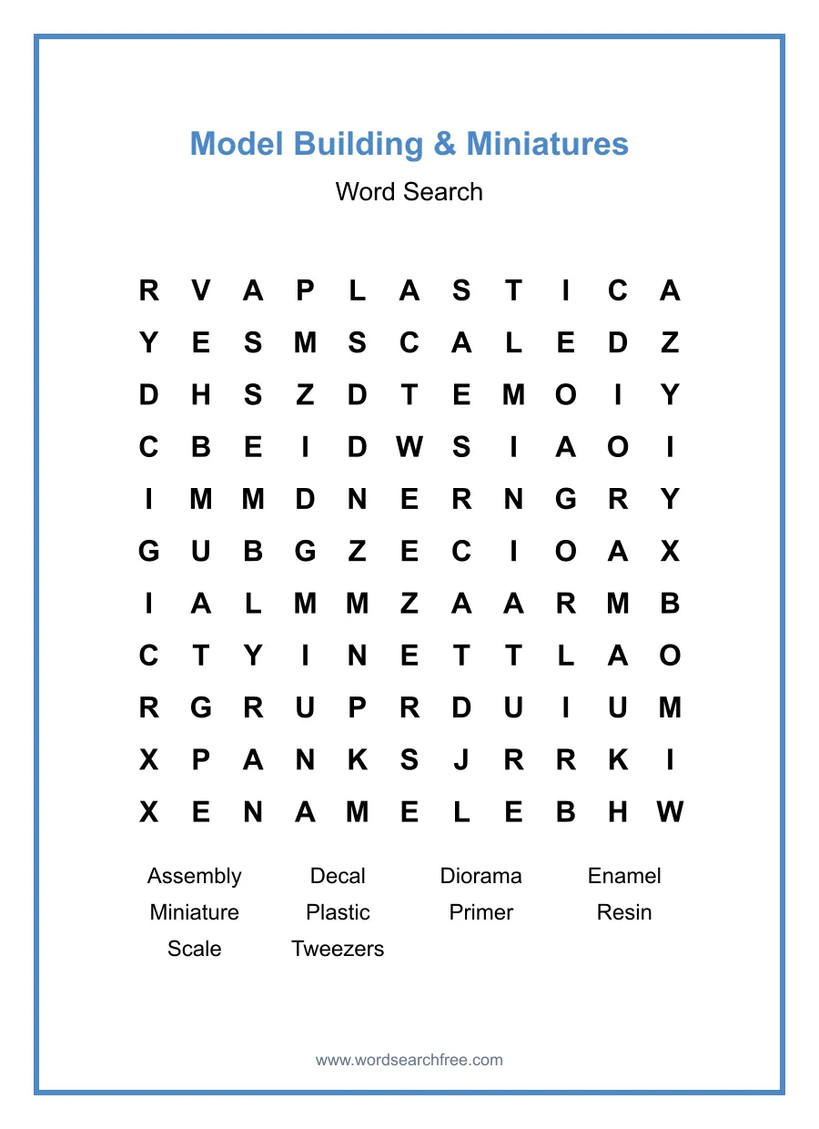Model Building & Miniatures Word Search - Free printable puzzle with 10 words