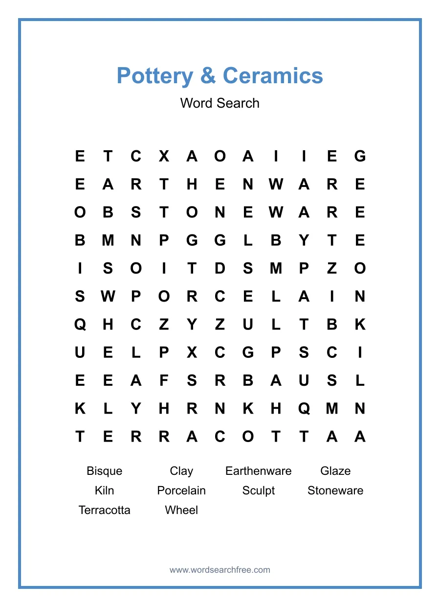 Pottery & Ceramics Word Search - Free printable puzzle with 10 words