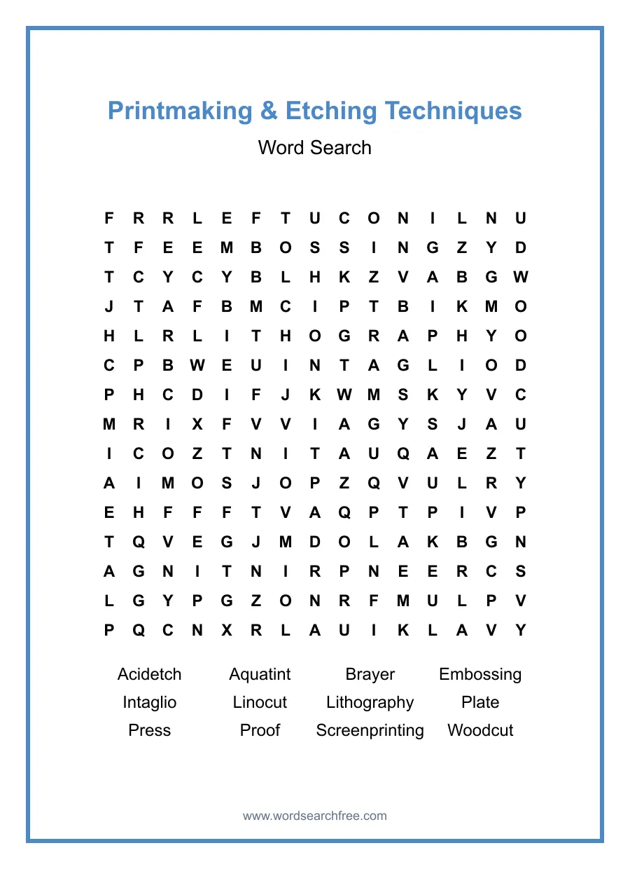 Printmaking & Etching Techniques Word Search - Free printable puzzle with 12 words