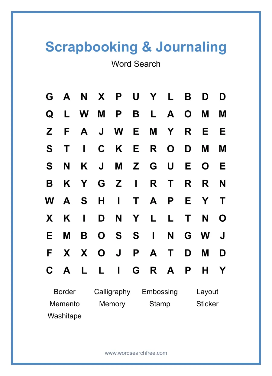 Scrapbooking & Journaling Word Search - Free printable puzzle with 9 words