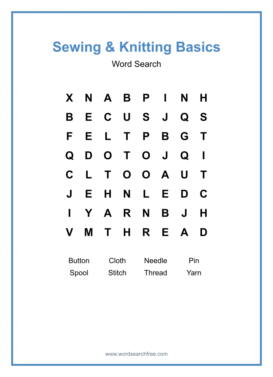 Sewing & Knitting Basics Word Search - Free printable puzzle with 8 words