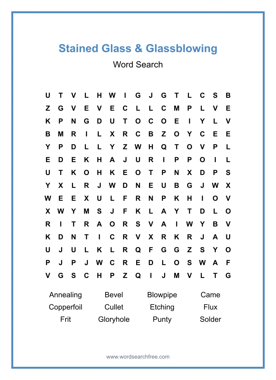 Stained Glass & Glassblowing Word Search - Free printable puzzle with 12 words