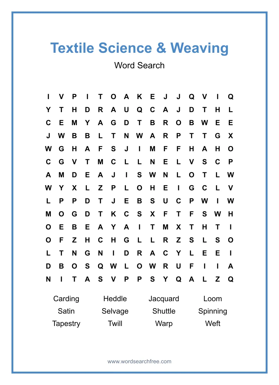 Textile Science & Weaving Word Search - Free printable puzzle with 12 words