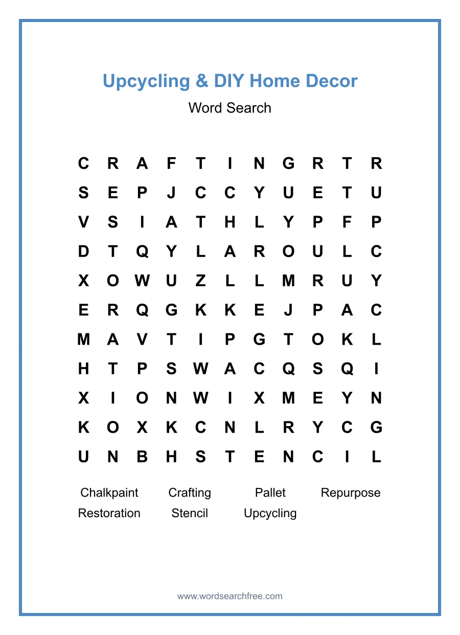 Upcycling & DIY Home Decor Word Search - Free printable puzzle with 7 words