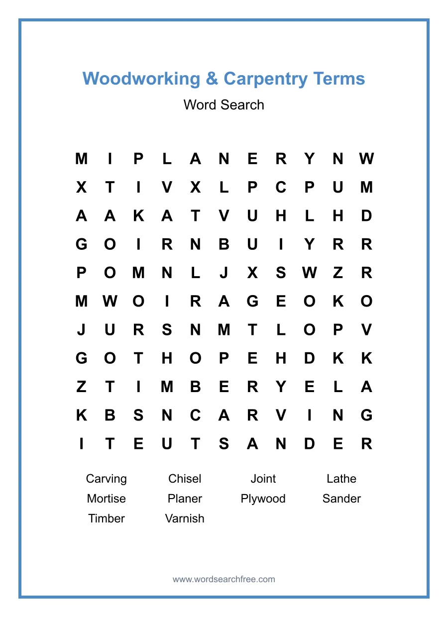 Woodworking & Carpentry Terms Word Search - Free printable puzzle with 10 words