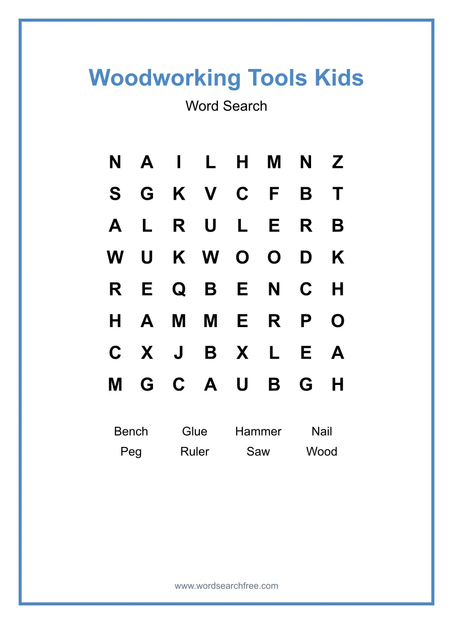 Woodworking Tools Kids Word Search - Free printable puzzle with 8 words