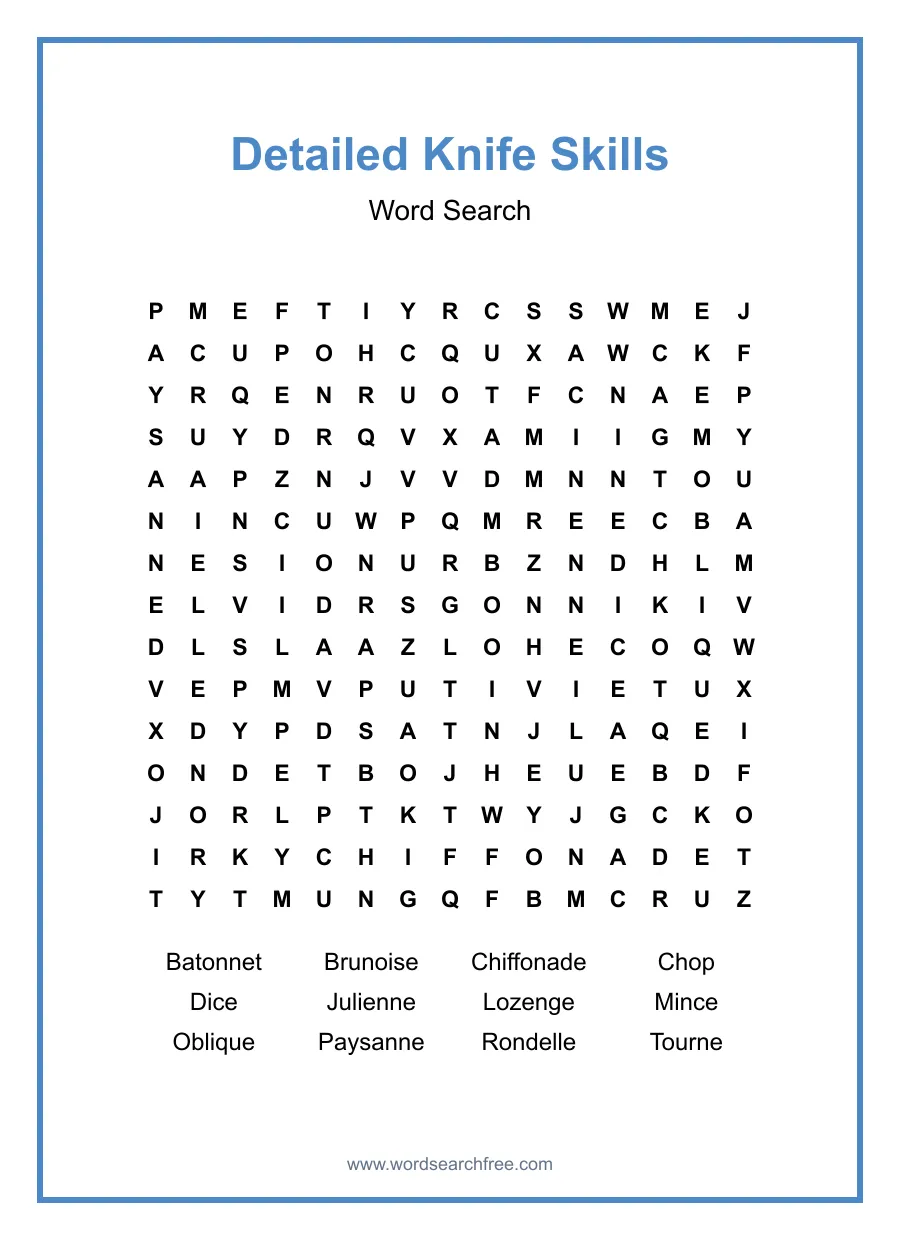 Detailed Knife Skills - Hard Word Search Puzzle