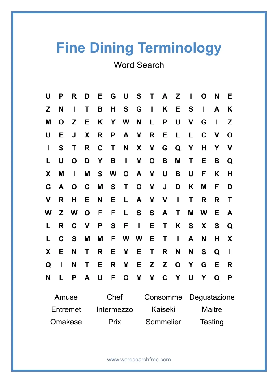 Fine Dining Terminology - Hard Word Search Puzzle