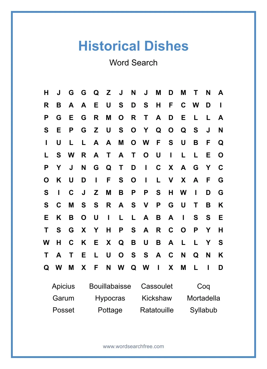 Historical Dishes - Hard Word Search Puzzle