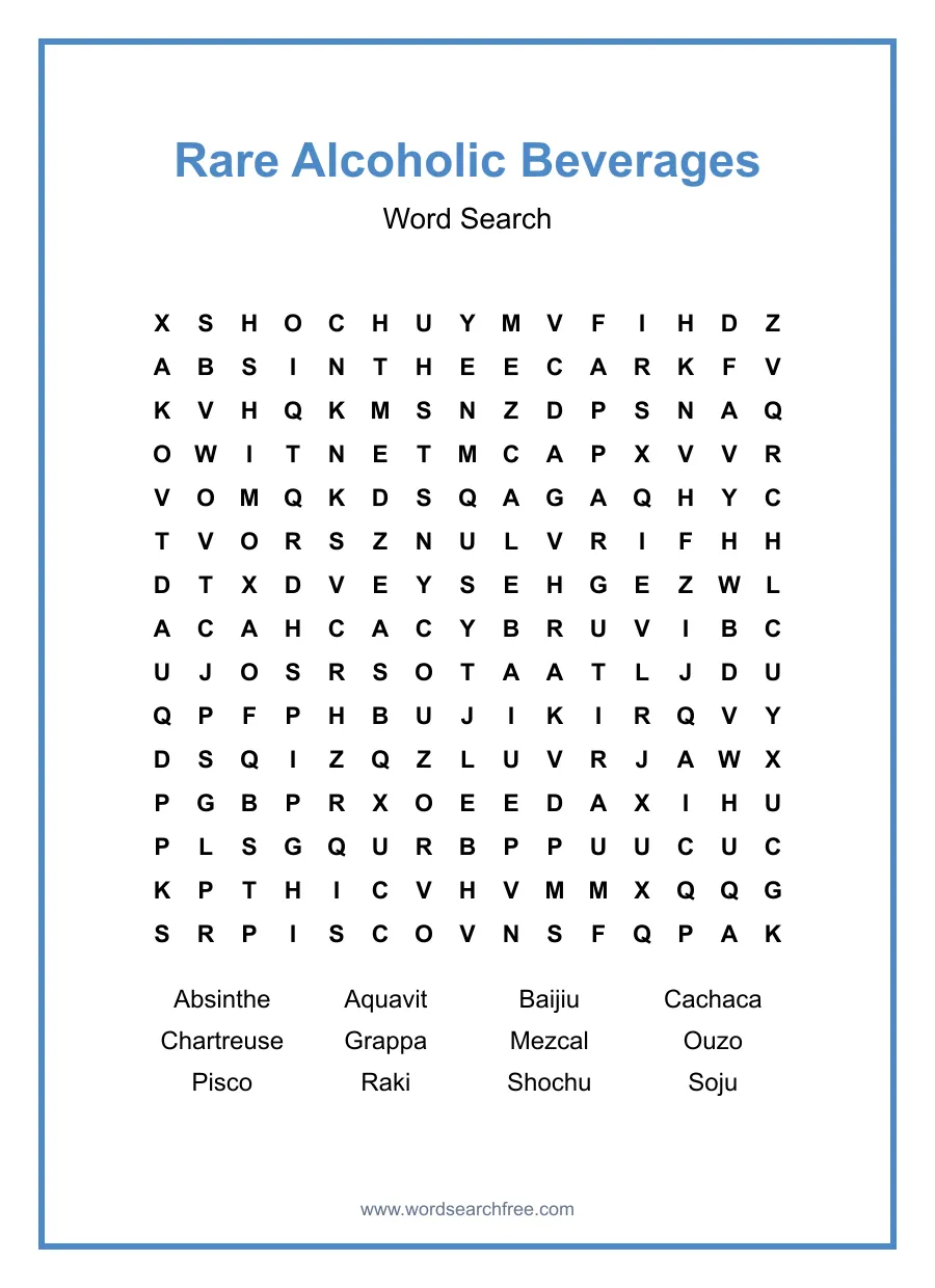Rare Alcoholic Beverages - Hard Word Search Puzzle