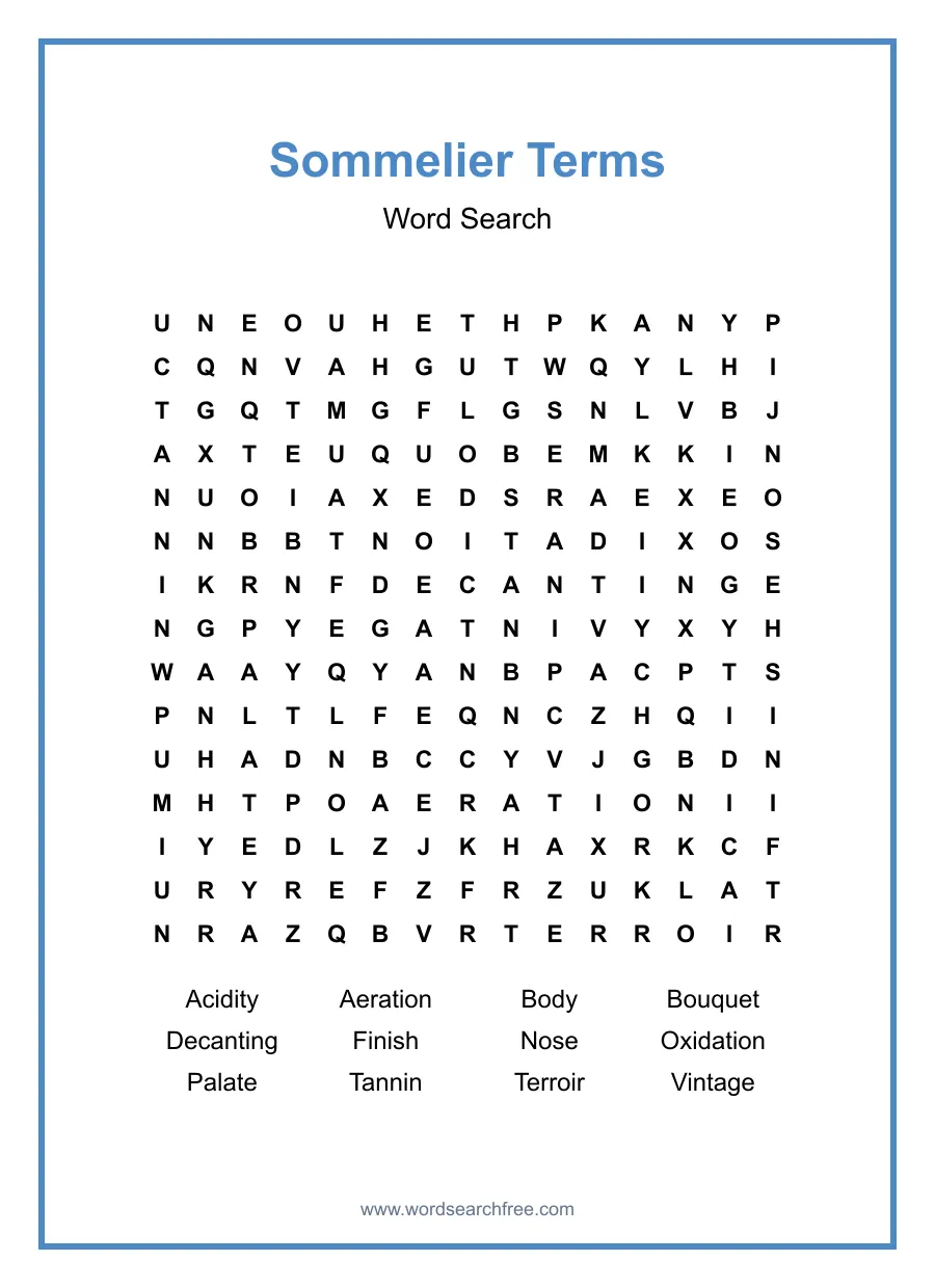 Sommelier Terms - Hard Word Search Puzzle