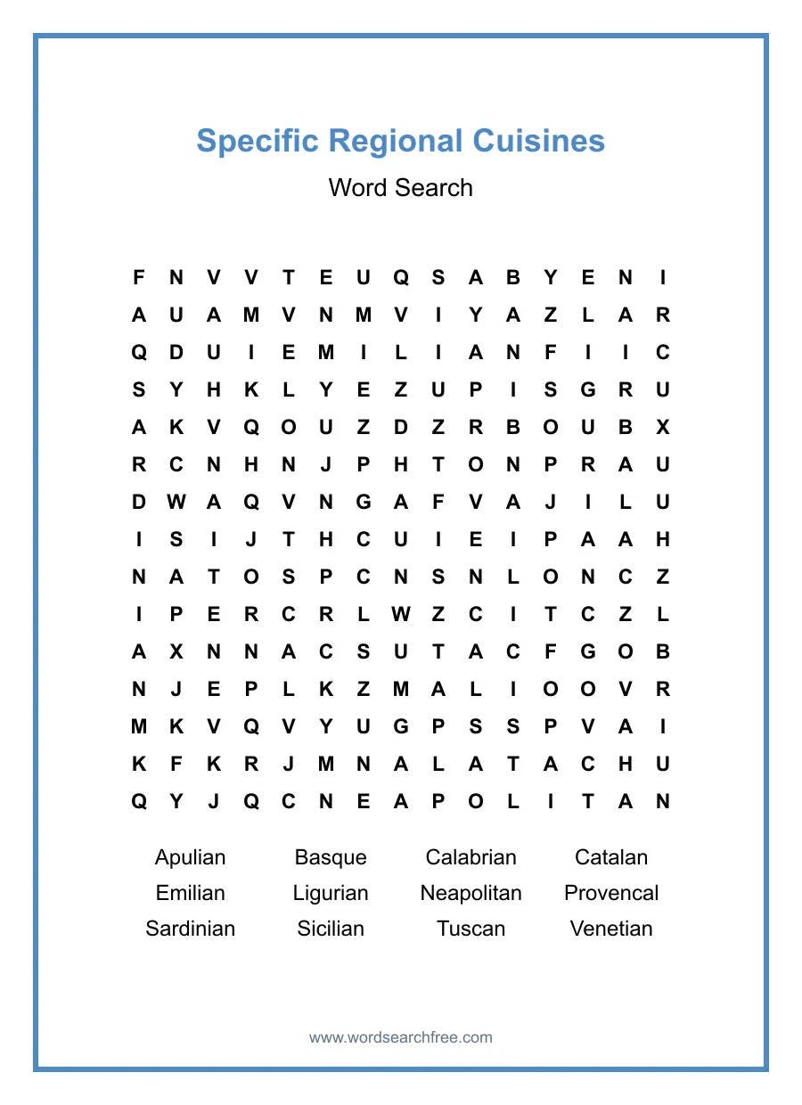 Specific Regional Cuisines - Hard Word Search Puzzle