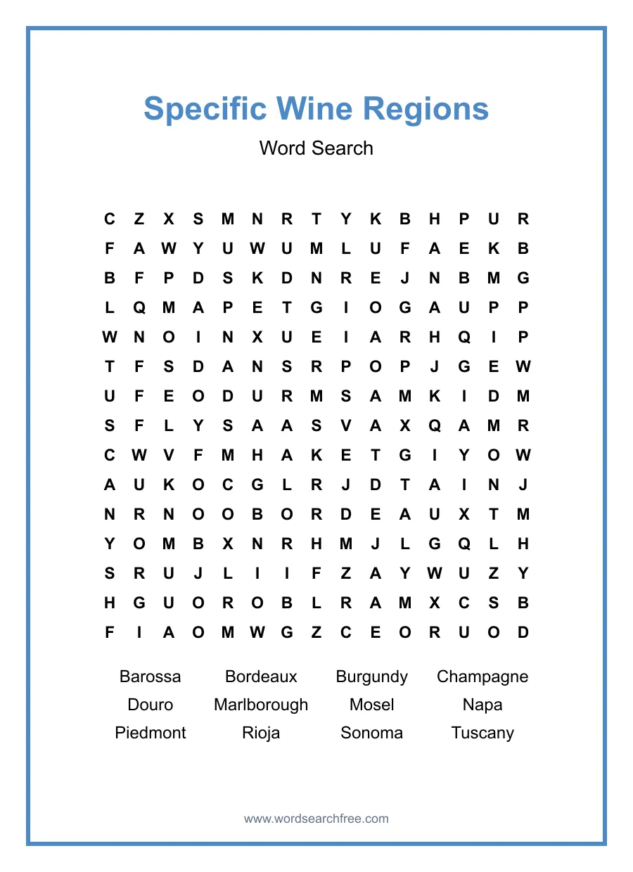 Specific Wine Regions - Hard Word Search Puzzle